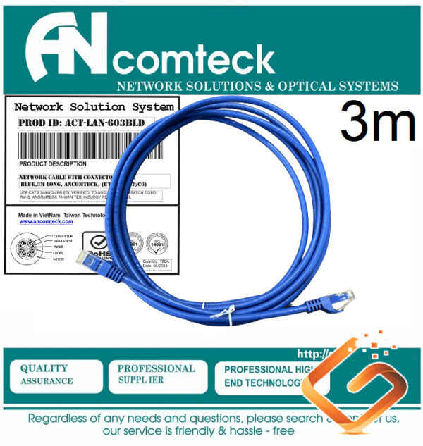 DÂY NHẢY PATCH CORD CAT6 UTP 3M lõi đồng 100% pass Fluke đầu đúc ACT-LAN-603BLD