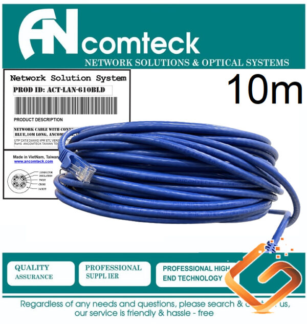 DÂY NHẢY PATCH CORD CAT6 UTP 10M lõi đồng 100% pass Fluke, đầu đúc ACT-LAN-610BLD