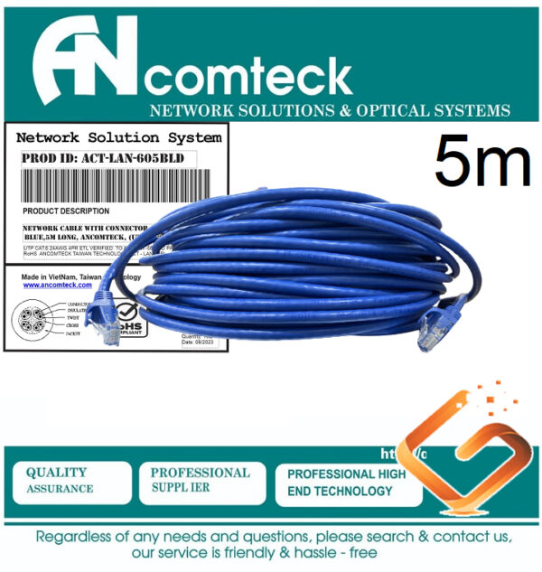 DÂY NHẢY PATCH CORD CAT6 UTP 5M lõi đồng 100% pass Fluke, đầu đúc ACT-LAN-605BLD