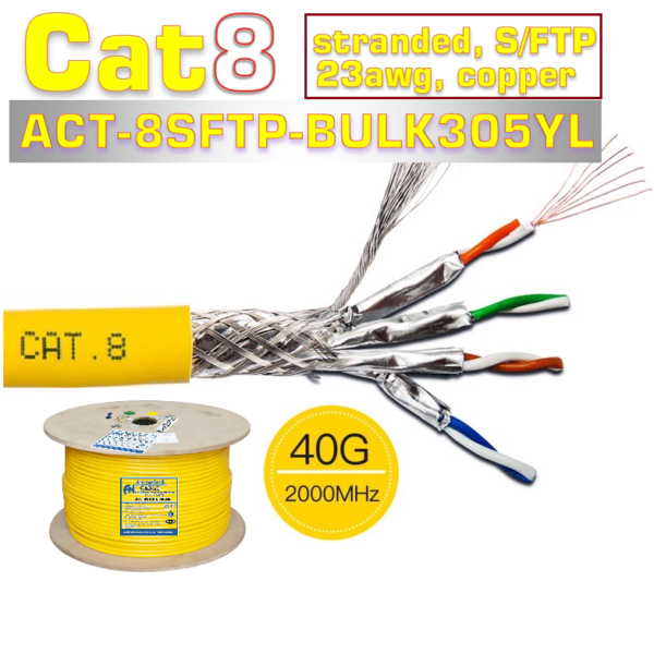 Dây Cáp Mạng CAT8 SFTP Dạng Xoắn 23AWG tốc độ 40G 2000MHz Hỗ Trợ PoE, ACT-8SFTP- BULK305YL
