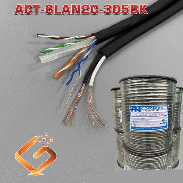 Cáp mạng liền nguồn Cat6 UTP + 2C lõi đồng liền nguồn ANCOMTECK mã ACT-6LAN2C-305BK