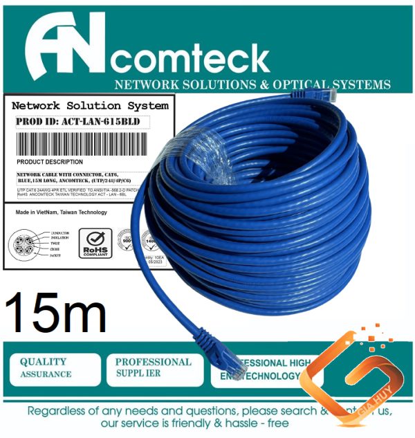 DÂY NHẢY PATCH CORD CAT6 UTP 15M lõi đồng 100% pass Fluke, đầu đúc ACT-LAN-615BLD