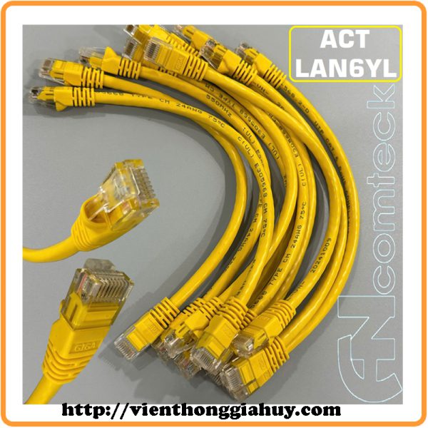 DÂY NHẢY PATCH CORD CAT6 UTP 25CM lõi đồng 100% pass Fluke đầu đúc: ACT-LAN6YL-25CM ANCOMTECK