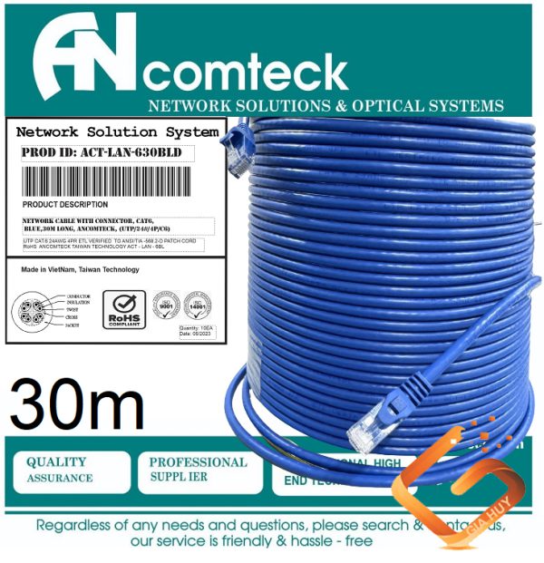 Dây nhảy PATCH CORD CAT6 UTP 30M lõi đồng 100% pass Fluke, đầu đúc ACT-LAN-630BLD