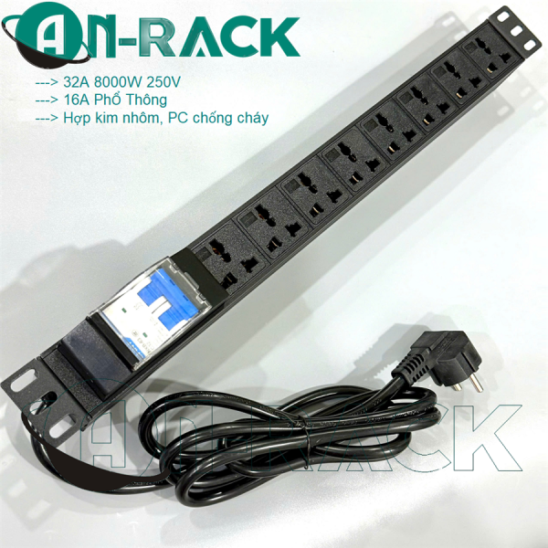 PDU 08 ổ cắm 3 chấu chuẩn đa dụng, công suất Max 32A, Cable nguồn+ MCB