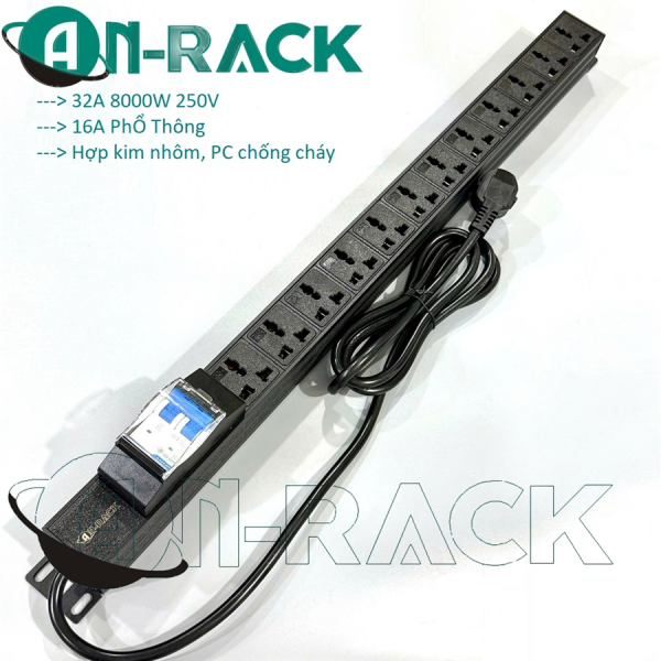 PDU 12 ổ cắm dọc 3 chấu chuẩn đa dụng, công suất 32A, Cable nguồn