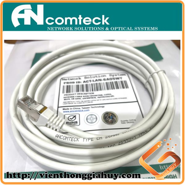 ACT-LAN-6A05WT Dây nhảy PATCH CORD Cat6A S-FTP, Shielded, LSZH, White, 5M đúc - ANCOMTECK