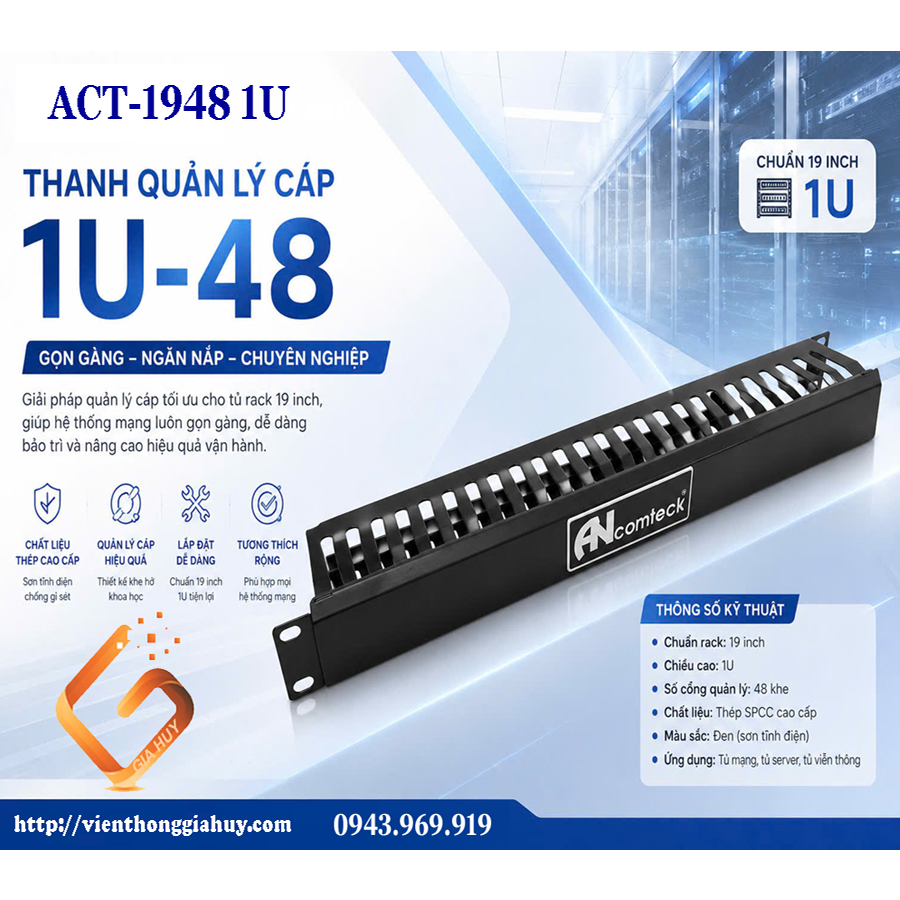 Thanh quản lý cáp ngang 1u 48 cổng lắp rack 19'' ACT-19481U, hiệu Ancomteck