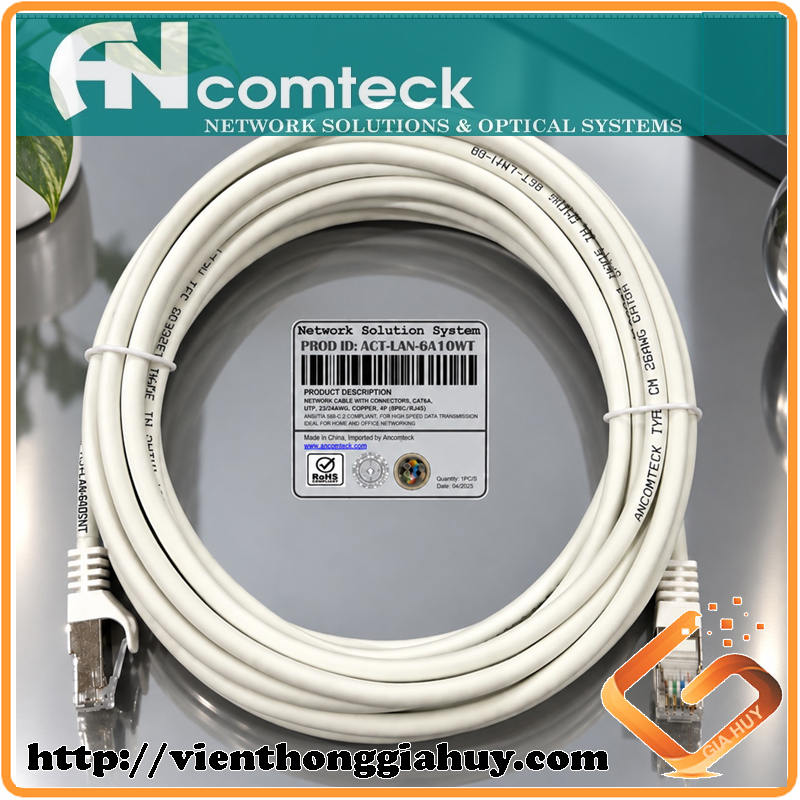 ACT-LAN-6A10WT- Dây nhảy PATCH CORD 10m Cat6A S-FTP, Shielded, LSZH, màu trắng - ANCOMTECK